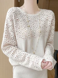 New Oversize 100%Cashmere Sweater O-Neck Pullover Long Sleeve Knitted Top Hollowed Out Jacquard Outerwear Women Clothing Fashion