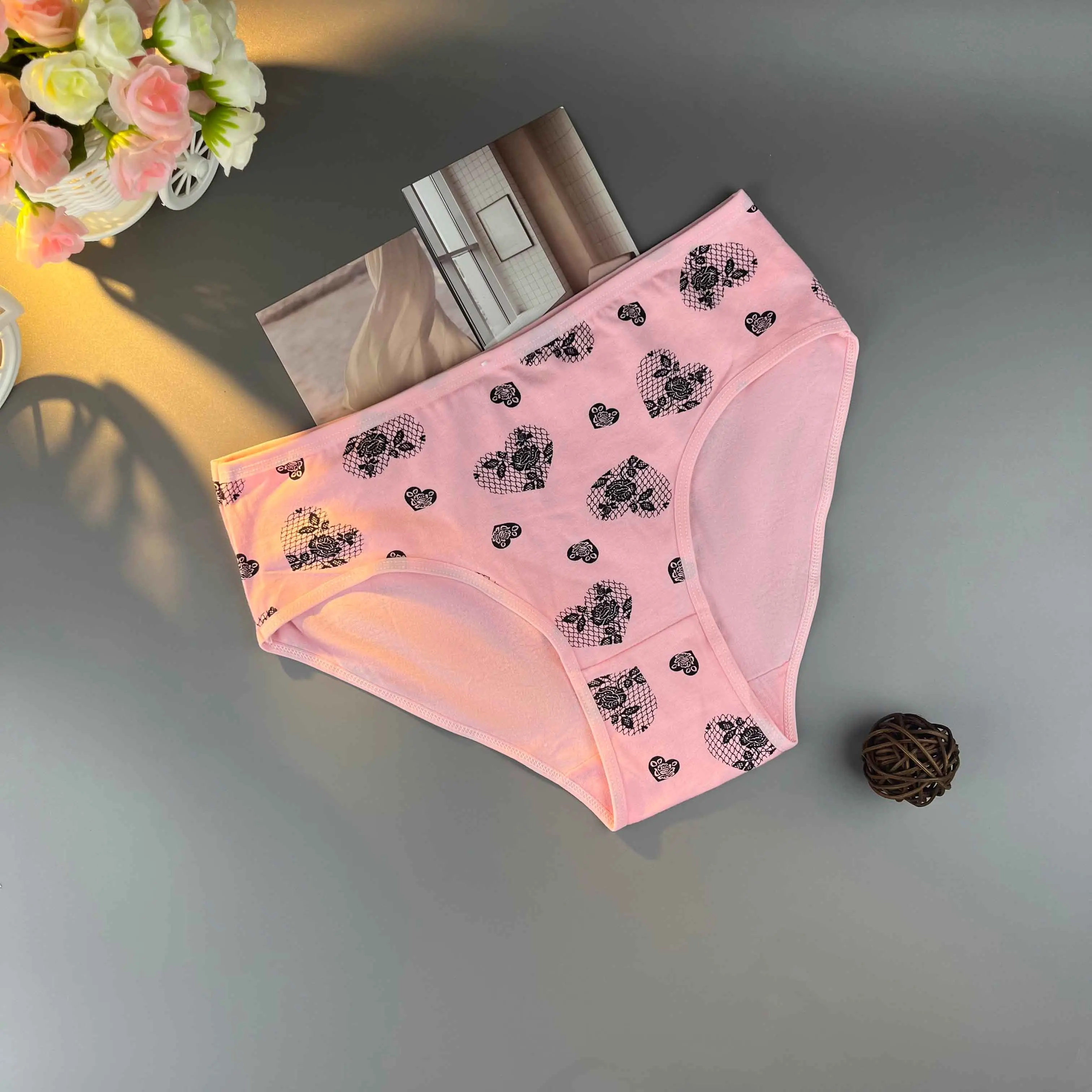 9팩 하트 꽃무늬, 소프트, 미드라이즈 트라이앵글 레이디 속옷, 6가지 모듬 색상 여성용 팬티 팬티, 여성용 란제리