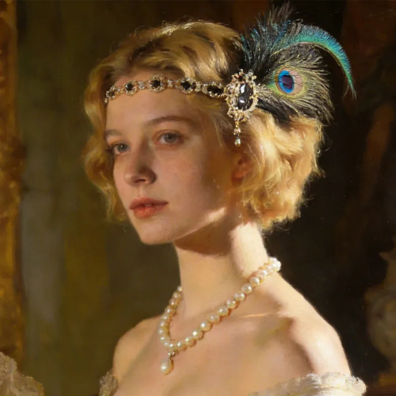 Great Gatsby Wedding Headband - Real Soft Green Feather 1920s Flapper Headpiece, Handmade with Sequins & Beads for Vintage Bride