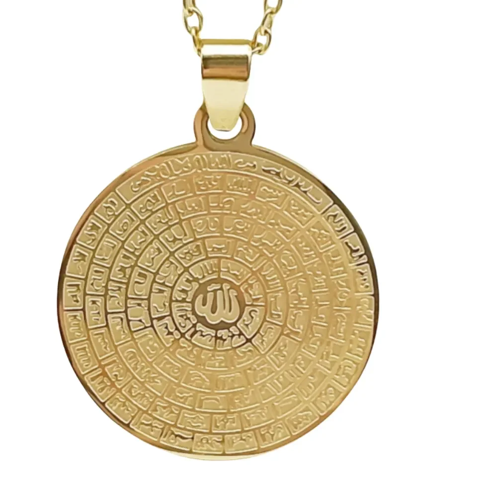 

Stainless Steel Islamic Faith Muslim Jewelry Gold Plated Allah Craved Necklace Circular Arabic Element Pendant
