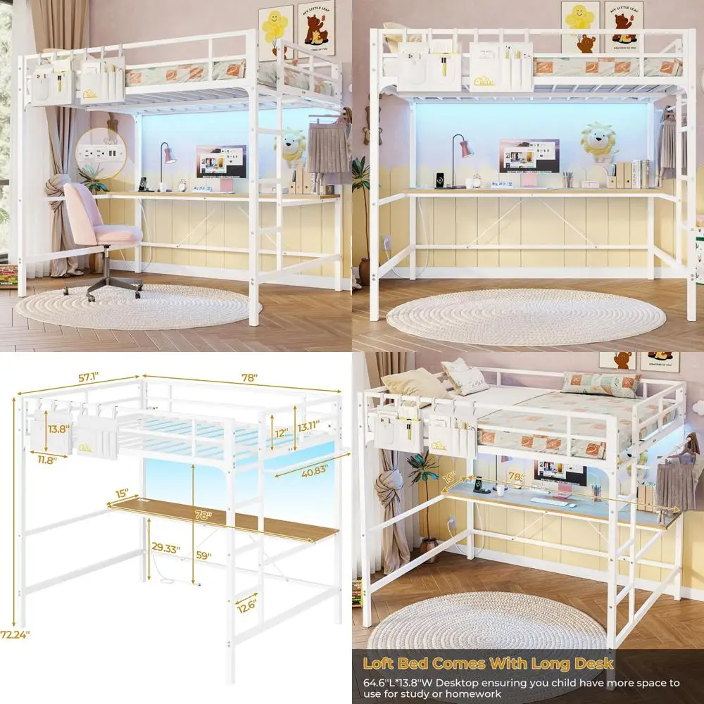 سرير علوي معدني كامل الحجم مع مكتب وأضواء LED ومخرج طاقة ومساحة تخزين للمراهقين والكبار