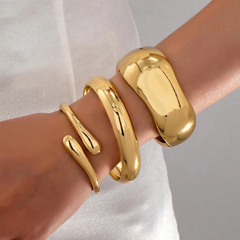 3pcs/Set Fashion Minimalist Gold Color Geometric Wave Asymmetrical Teardrop Bangle Bracelet for Women Thick Smooth Metal Jewelry