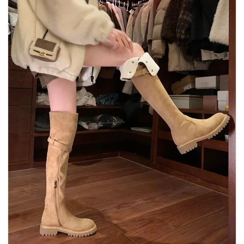 Rome Women's Boots Knee High Flock New Minimalist Stylish Thick Soled Velvet Autumn Winter Knight Boot Square Heel Women Shoes