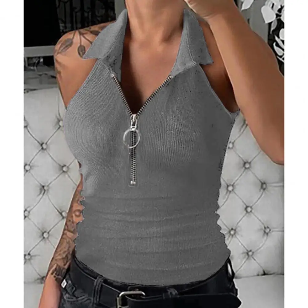 Tank Top Women Sexy Vest Summer Zipper Large V-neck Sleeveless Shirt Vest Classic Solid Color Casual Slim Lapel Top