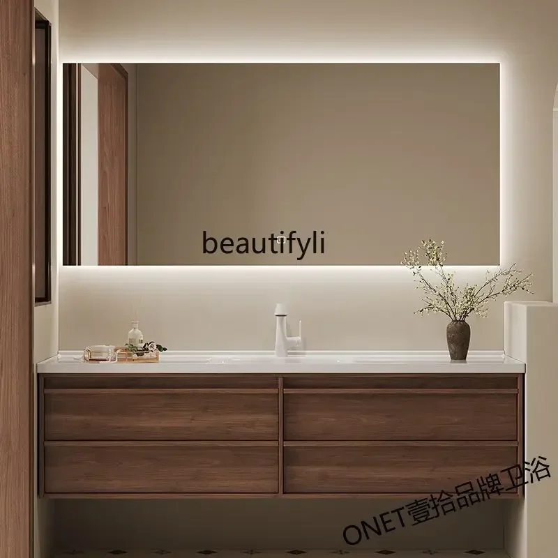 Asmt52 Designer retro walnut rock slab hot curved bathroom cabinet double basin sink washstand