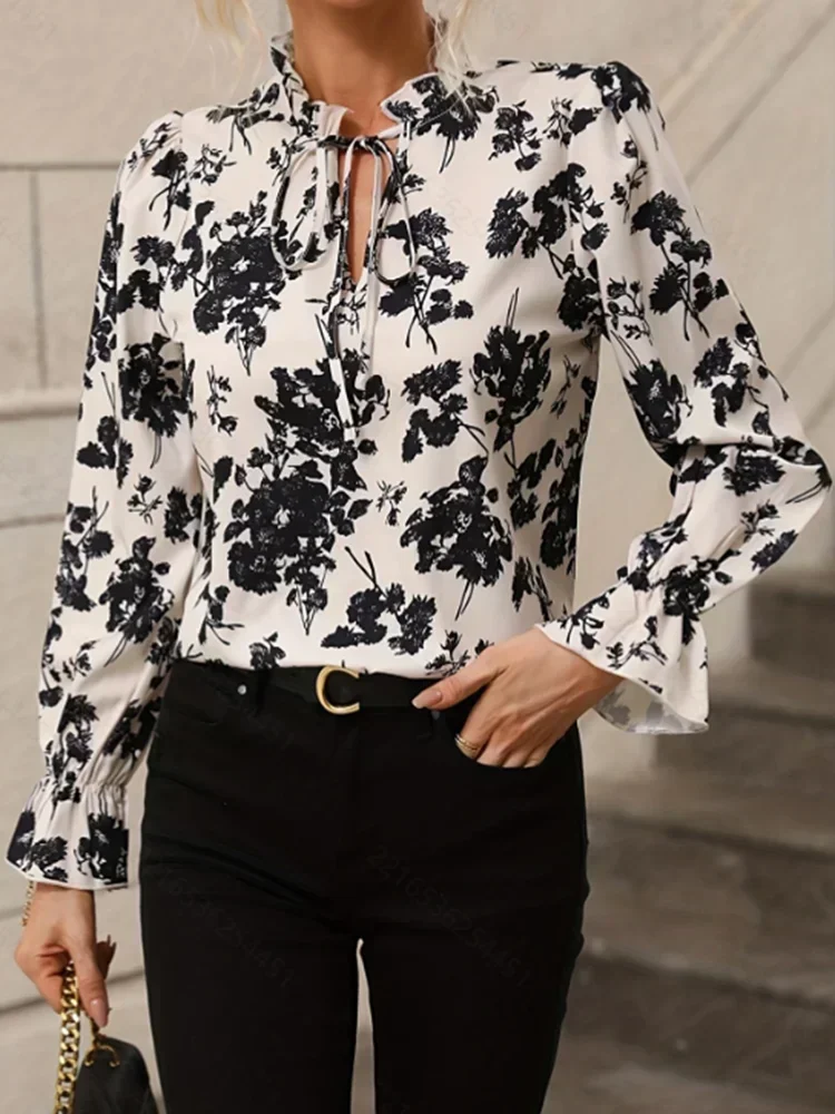 

Plus Size 1XL-5XL Spring Autumn Women's Flower Print Shirt V-Neck Lace up Fluffy Sleeve Top Elegant and Versatile Commuter Top