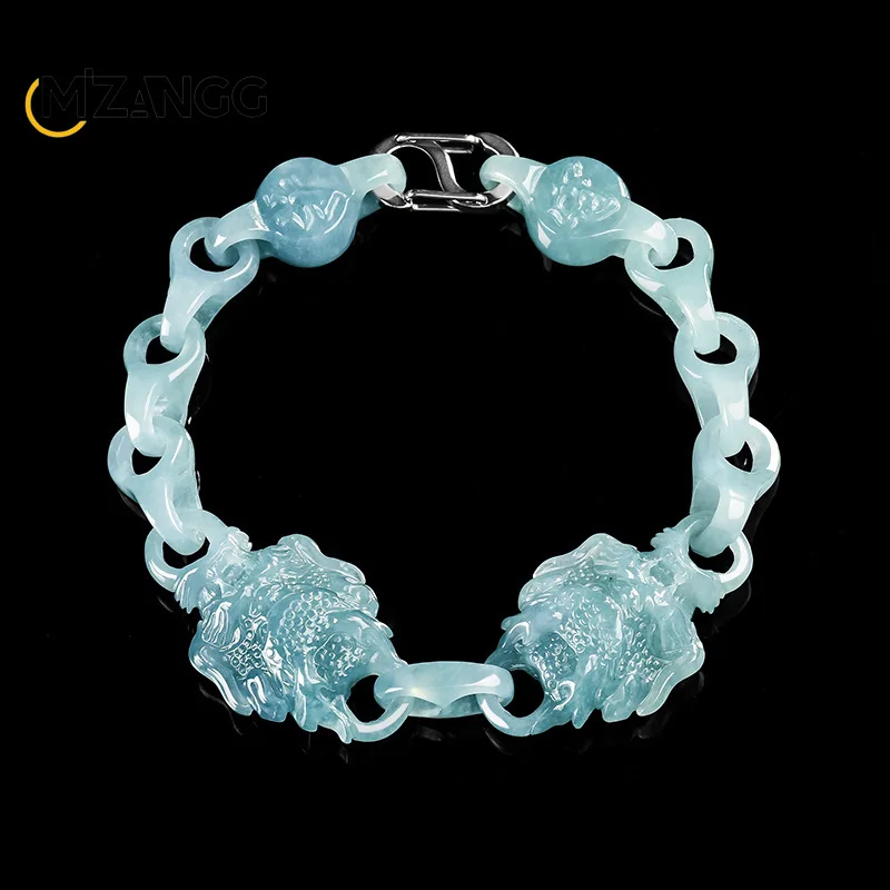 Natural Jadeite Blue Water & Twin Dragon Buckle  Bracelet Openwork Carving Fashionable Ice-type Jadeite Bracelet Gentlemen Gift