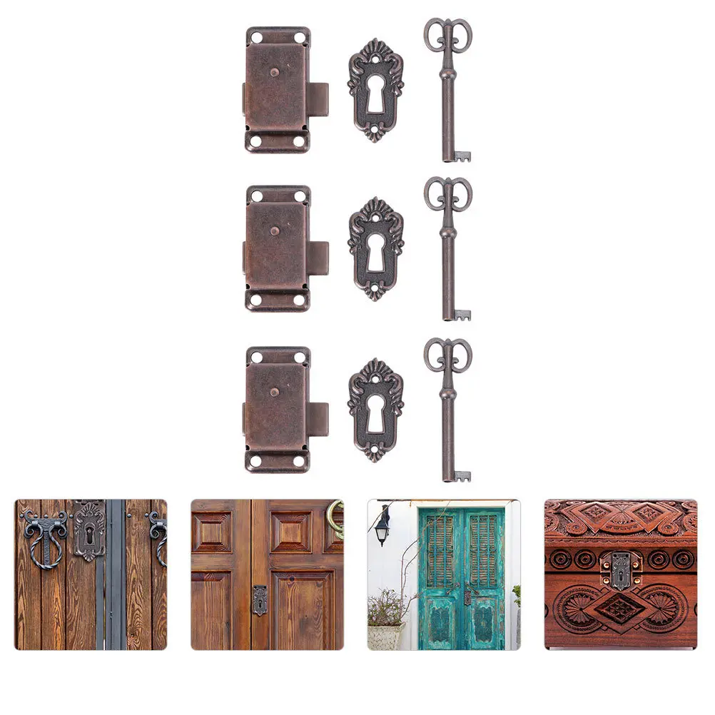 

3pcs Red Bronze Furniture Locks For Wooden Box Cabinet Drawer Vintage Alloy Latch With Screw Holes, Jewelry Box Buckles, Sturdy