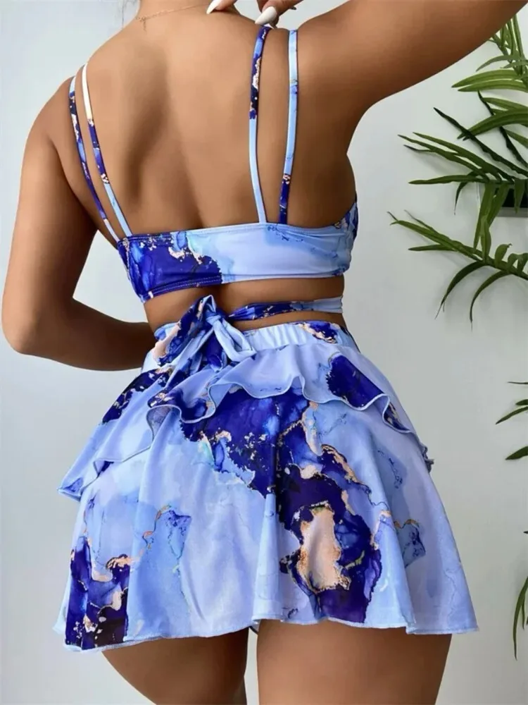 Conjunto de Bikini para mujer, novedad de verano 2021, falda con estampado de Marple azul, traje de baño Sexy de 3 piezas, traje de baño para playa, traje de baño