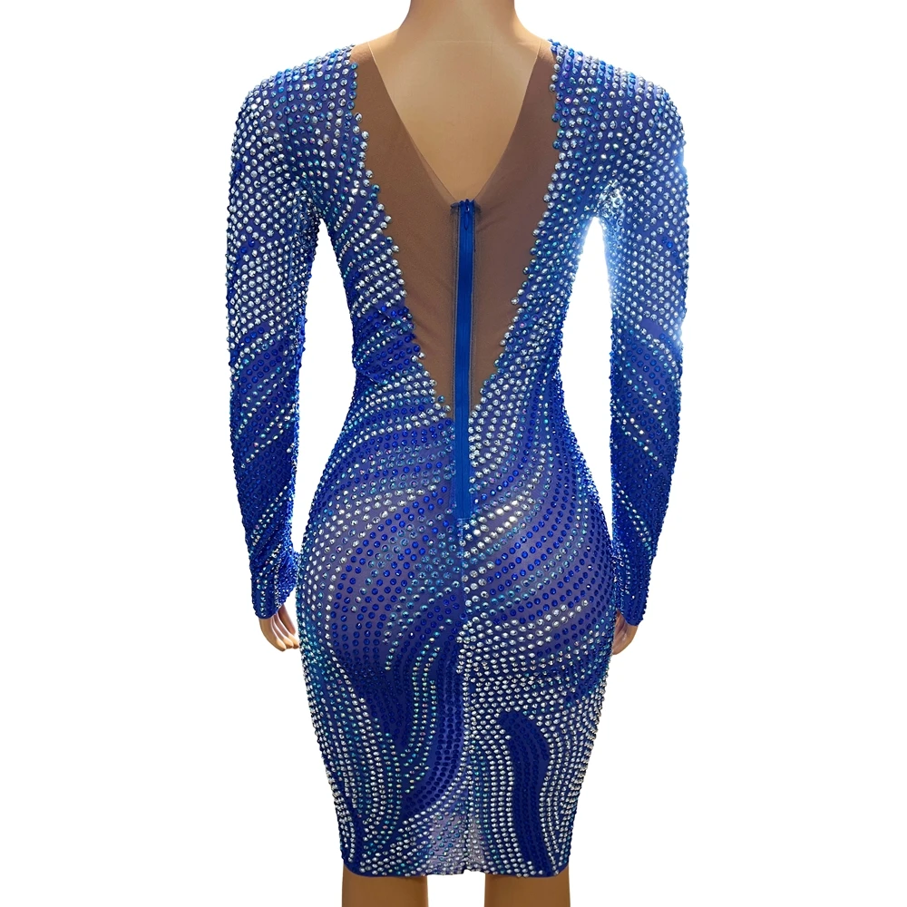 Funkelnde blaue Strass Mesh durch langärmlige kurze Kleid Frauen sexy feiern Abend Geburtstag Kleid Fotoshooting tragen