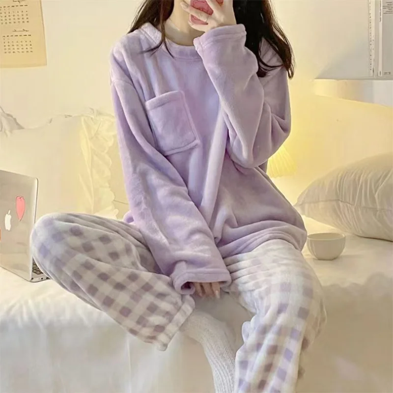 Fleece Thick Warm Winter Women\'s Pajamas Set Sleepwear Casual Solid Top and Plaid Pants Soft Pijamas Set for Women Home Suit