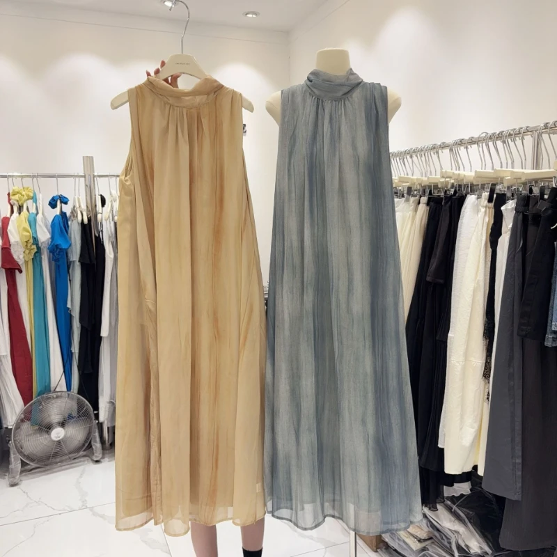 

2026 Summer New Sleeveless Hot Selling Item Hanging Neck Lazy Style Ribbon Chiffon Long Dress for Women