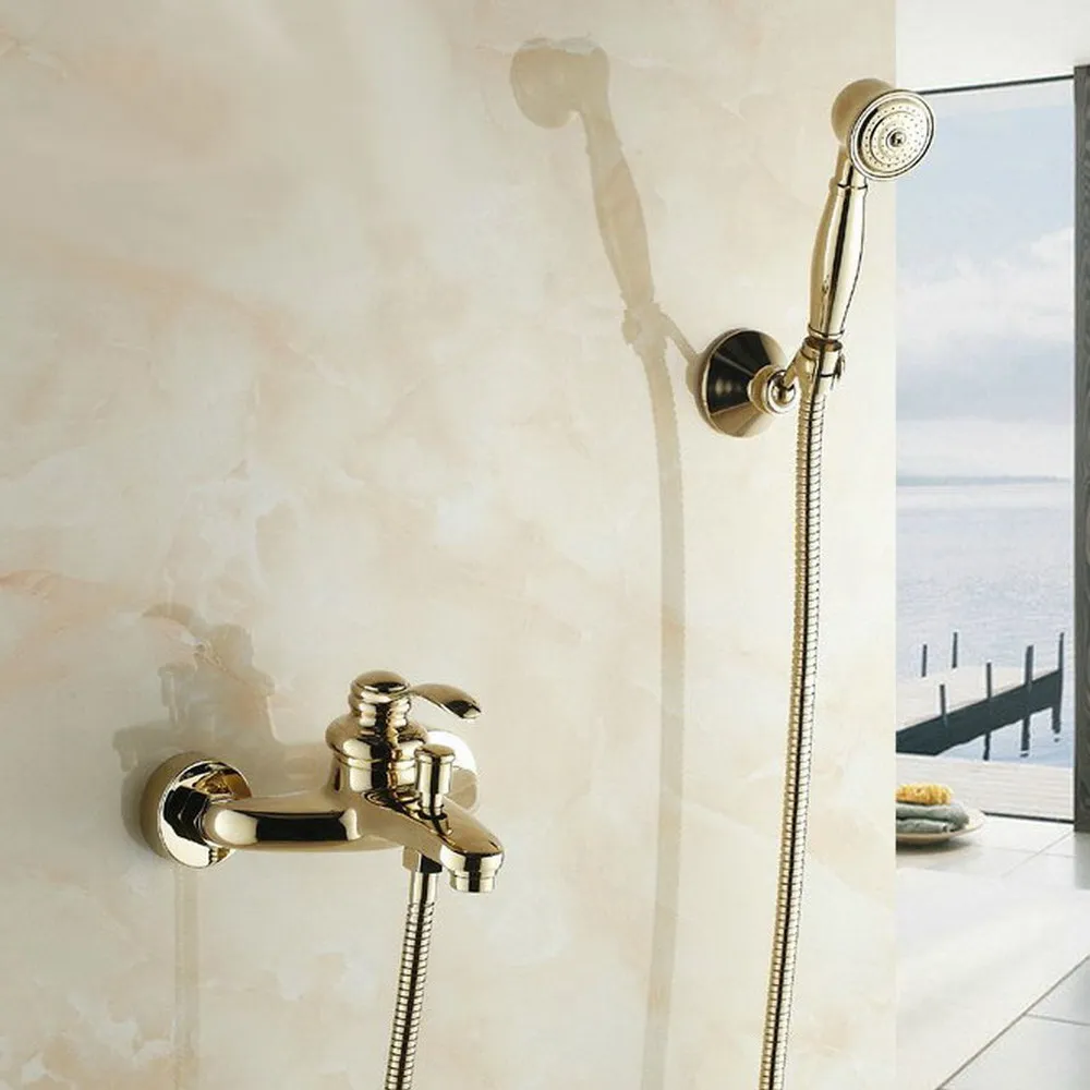 

Wall Mounted Bathroom Faucet with Hand Shower Gold Color Brass Bath Tub Mixer Tap With Hand Shower Faucets Sets Ltf401