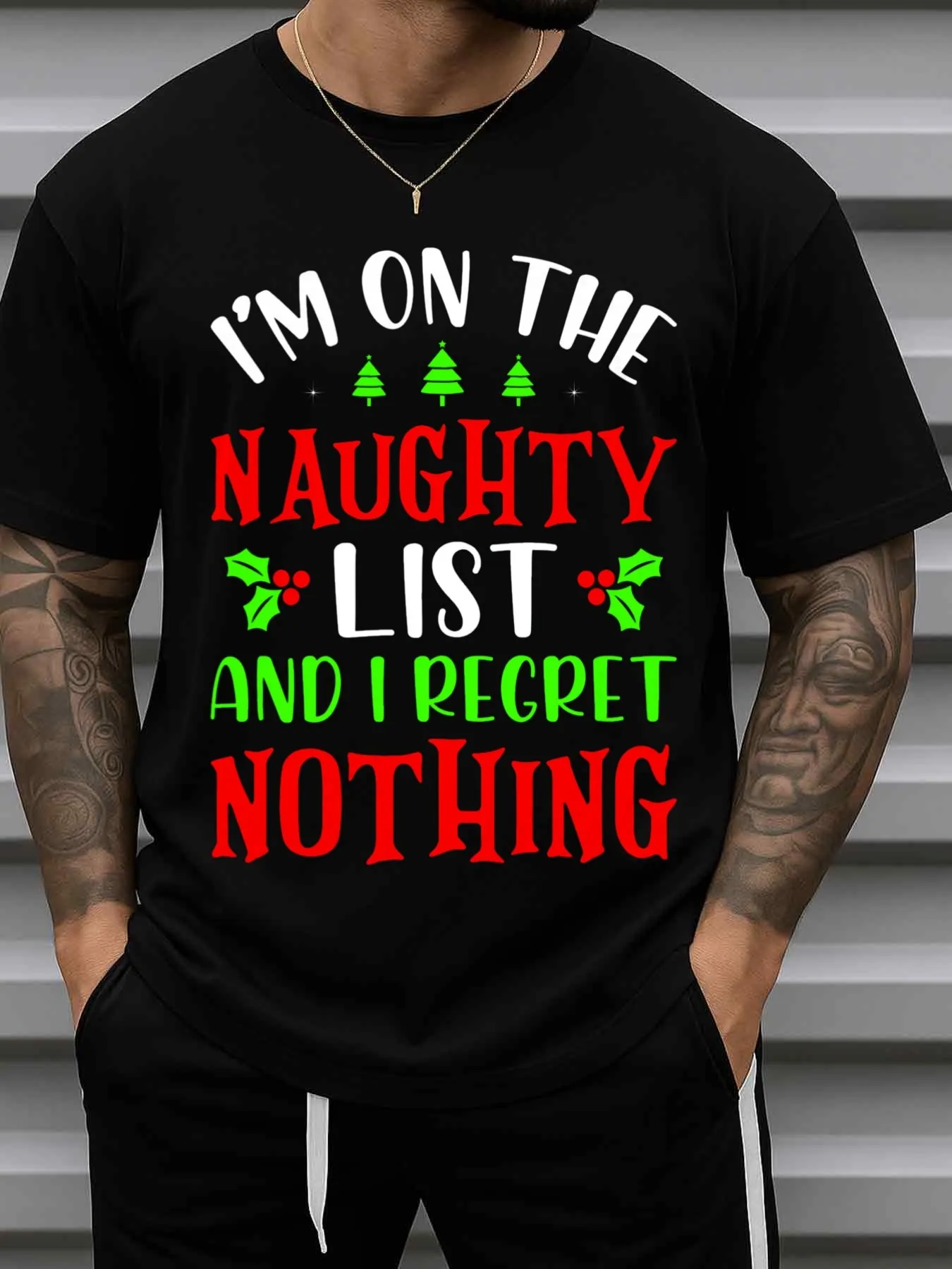 Men's Naughty List Christmas T-Shirt - Black Short-Sleeve Casual T-Shirt with 