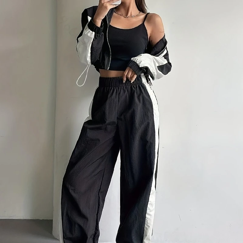

Black White Patchwork Casual Outfit Fashion Women's Elastic Drawstring Zipper Coat+High Waist Jogger Pants Autumn Two Piece Set