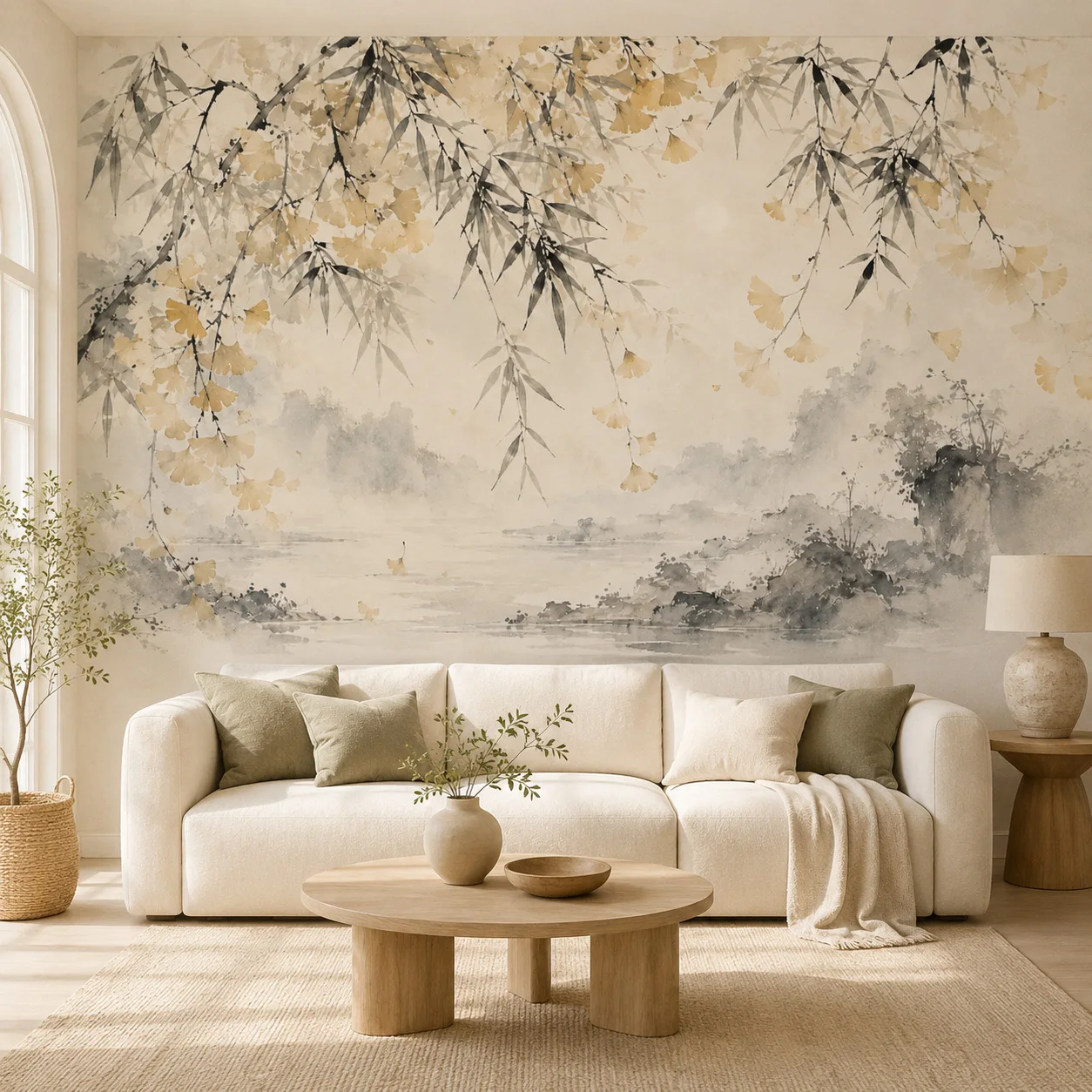 Chinese Ink Ginkgo Bamboo Mural Wallpaper Misty Lake Landscape Wall Art Living Room Bedroom Non Self Adhesive Glue Required