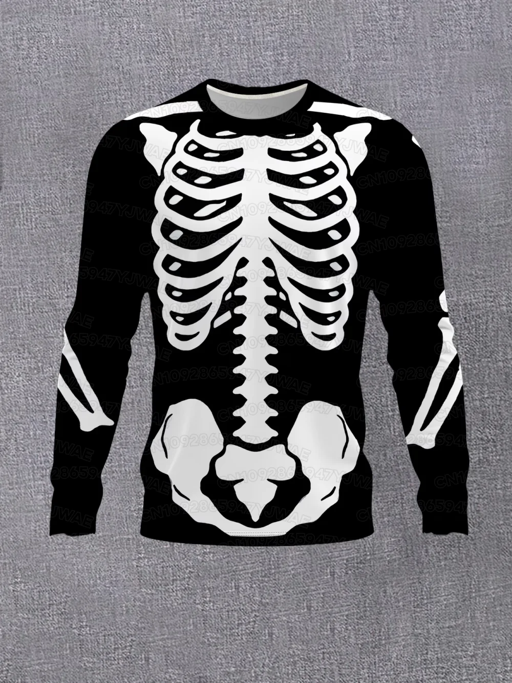 Men's Women's Long Sleeve Gothic Skeleton Print Shirt Round Neck Top Casual & Halloween Themed Wear Everyday Outfits