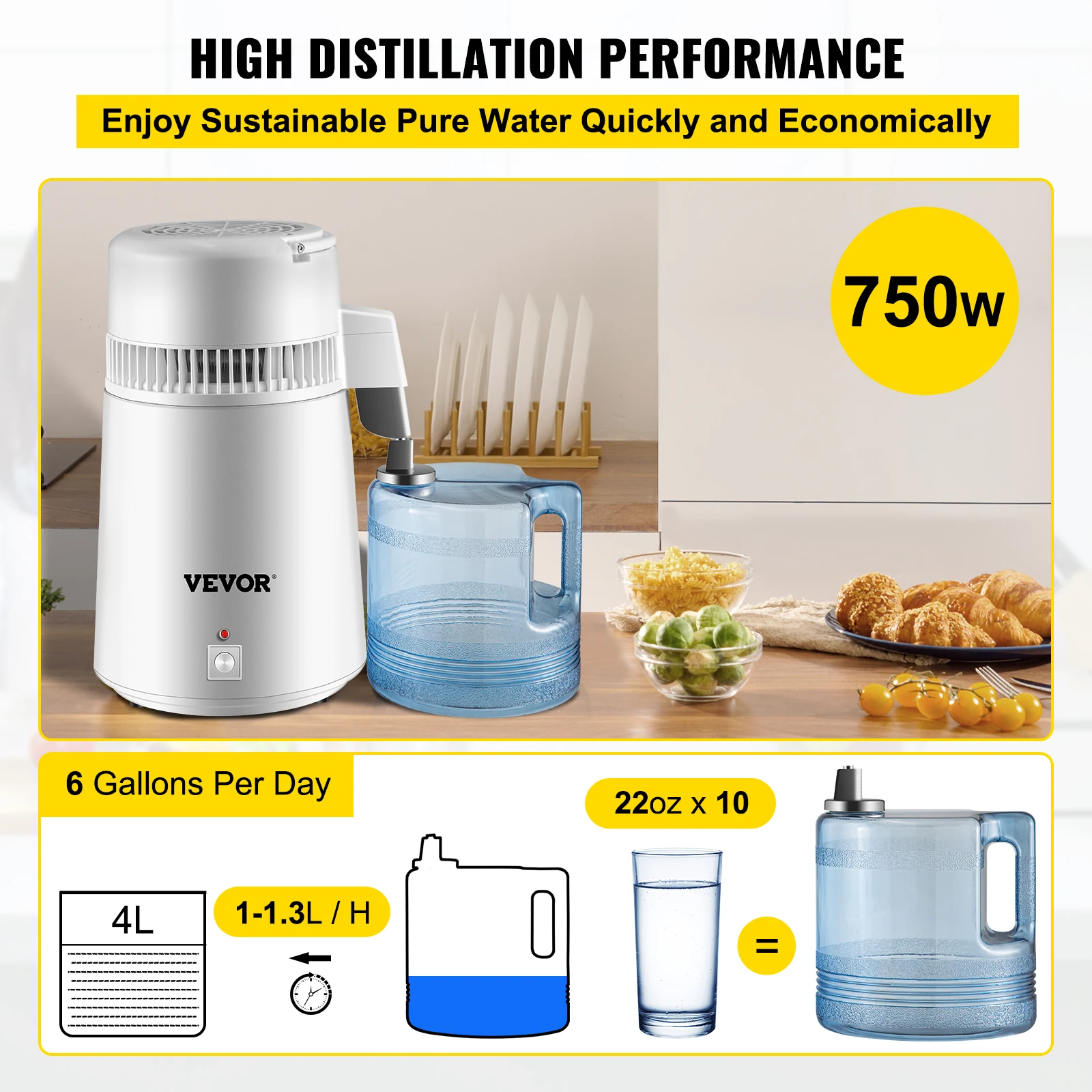 VEVOR 4L Water Distiller Purifier Filter Dispenser Heating Drinking Bottle Softener 304 Stainless Home Appliance for Office Use