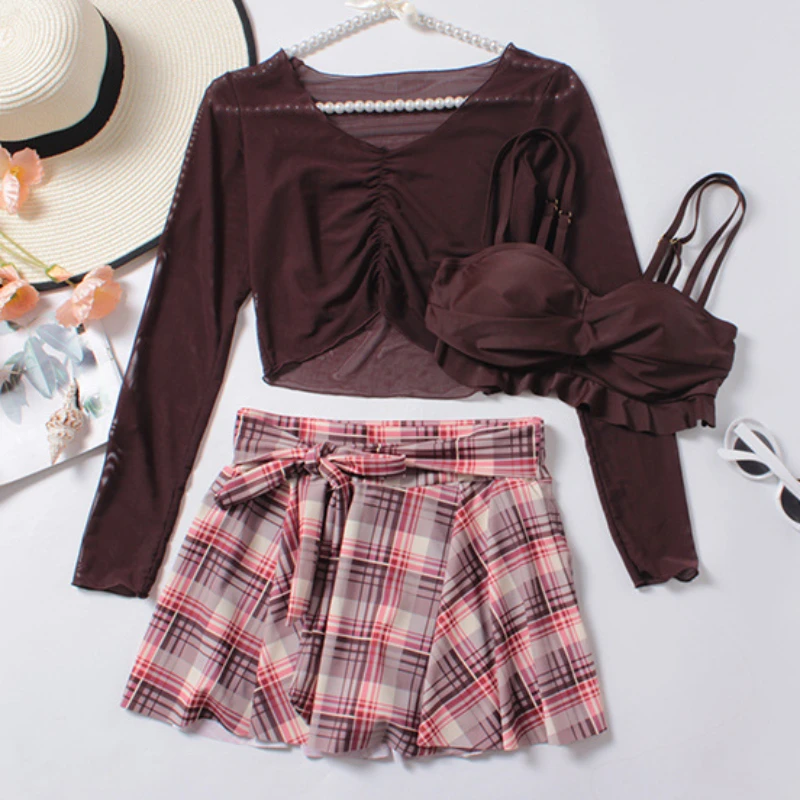 Vintage Sexy Three-piece Skirt Swimsuit Solid Suspenders Bandage Plaid Folds Woman Swimwear with Cover Up Summer Beachwear 2024