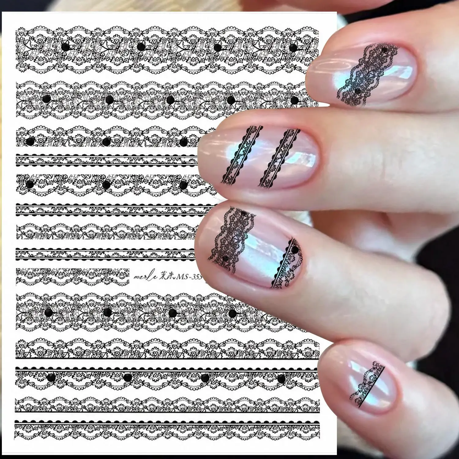 Black White Lace Stripes Nail Art Sticker Designs Sticker with Pearl Diamond Gem Self Adhesive Nail Sticker Decoration Decals