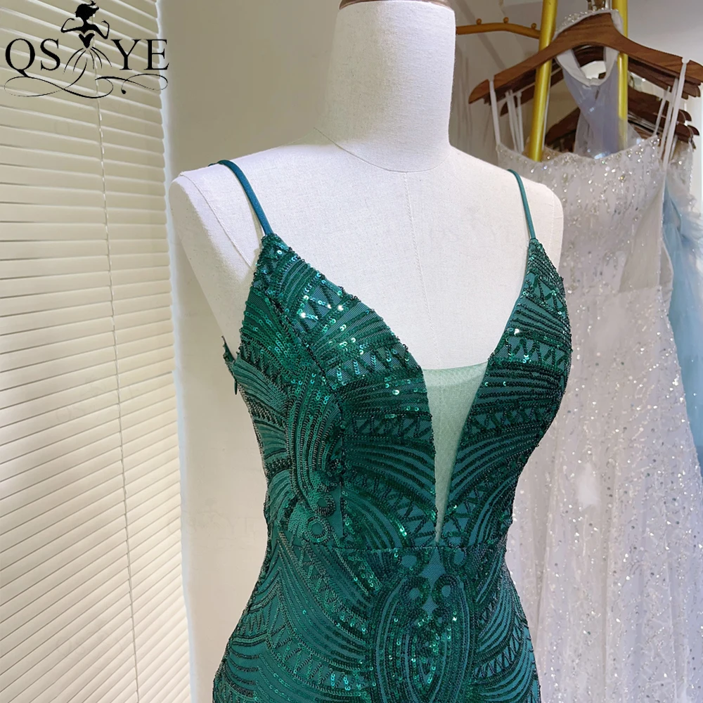 Spaghetti Straps V Neck Sequin Emerald Prom Dresses Full Mermaid Pattern LaceEvening Gown Party Backless Fit Green Formal Dress