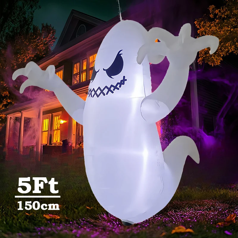 5Ft Halloween Inflatable Model Hanging Ghost Outdoor Window Decoration with Built-in LED Light Ghost Festival Party Garden Props