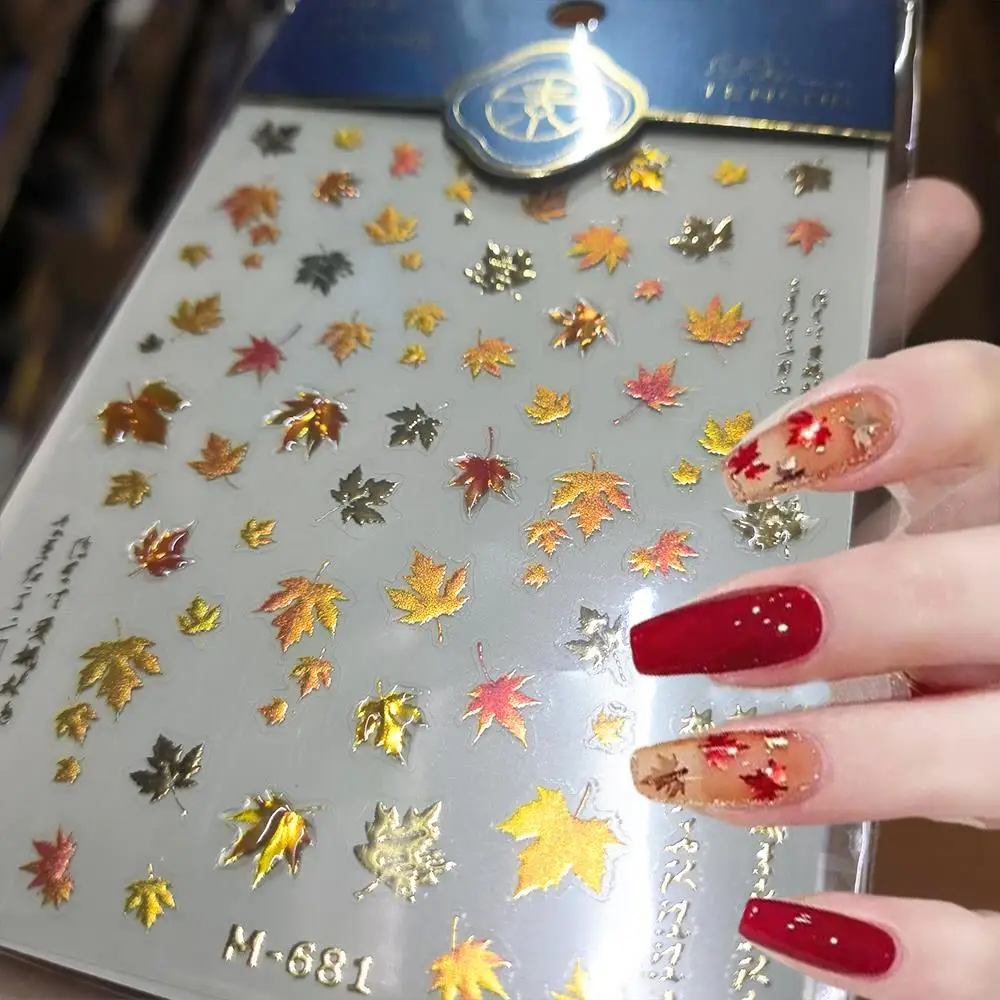 1Pcs 5D Golden Autumn Maple Leaf Nail Stickers Embossed Jelly Maple Leaves Self-Adhesive Nails Decals Fall Manicure Decorations