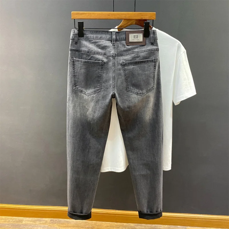 Summer Thin Black Gray Jeans Men's Slim Fit Feet Simple and High-End Men's Stretch Comfortable Breathable All-Matching Long Pant