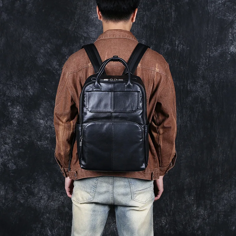 Leather Men\'s Shoulder Baothead Layer Cowhide Travel Backpack Fashion Trend Schoolbag Niche Personality Business Computer Bag