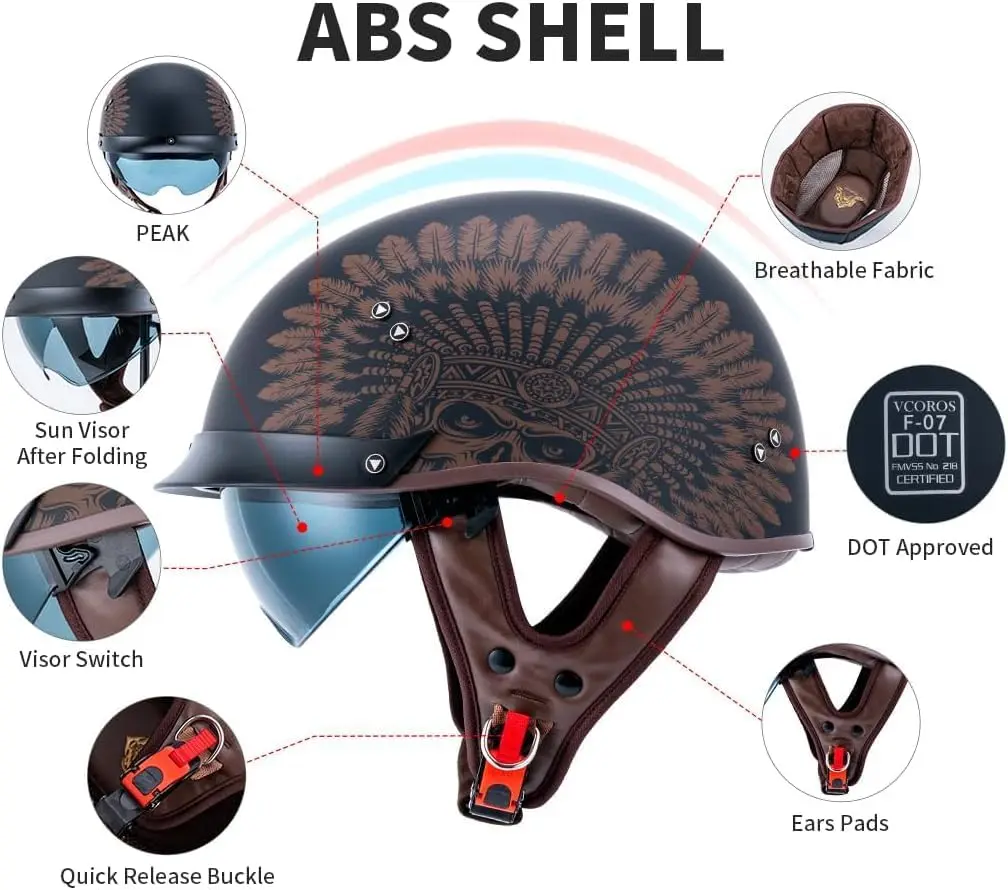 خوذة نصف خوذة دراجة نارية معتمدة من وزارة النقل خوذة مفتوحة الوجه مع قناع من الشمس وإبزيم سريع التحرير للبالغين من الرجال والنساء (F02-، S) #3