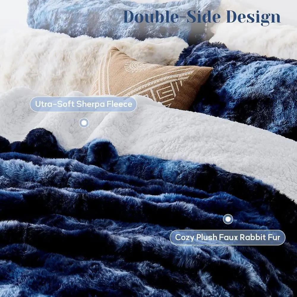 Komplet pościeli Queen Size Tie-Dye Navy z imitacji futra królika: pluszowa, ciepła i przytulna pościel na zimę