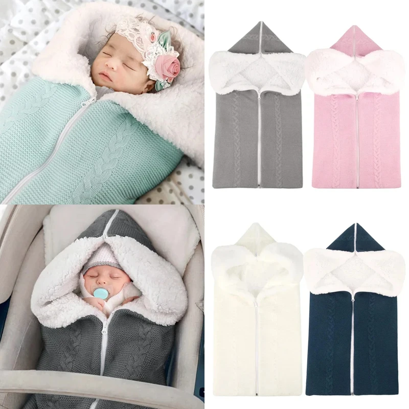 

Winter Baby Stroller Blanket Knitted Newborn Sleeping Bags Plush Lining Throw Blankets Baby Sleepsack for Pram Bed Accessories