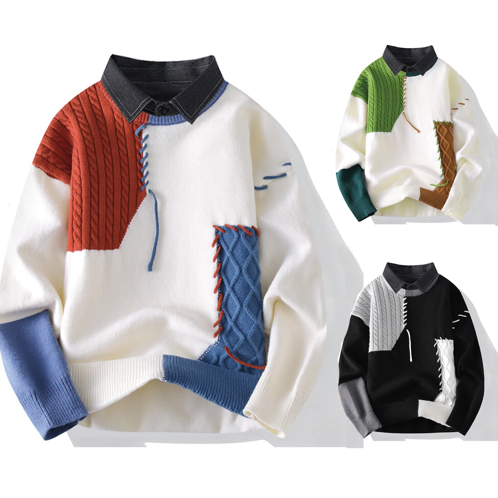 Autumn Winter Color Matching Design Sense Stitching V-neck Knitting Couple Fashion Brand Plus Fleece Pullover Sweater New