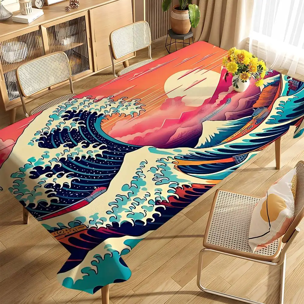 Japanese Art Kanagawa De , Mantel Lavable Y Resistente A Las Arrugas, Elástico, Rectangular, Para Mesa De Patio