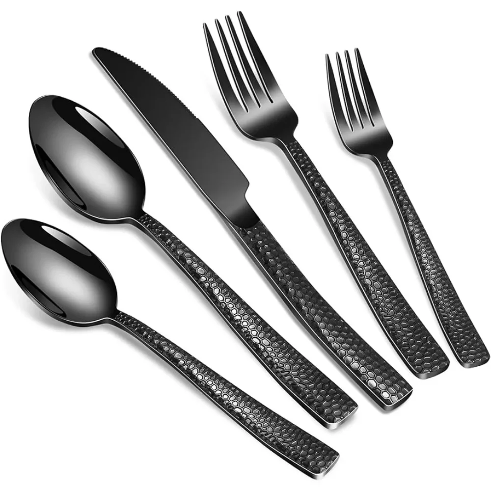 

40-Piece Silverware Set,Black Hammered Stainless Steel Flatware Sets 8, Food-Grade Tableware,Durable Home Kitchen Cutlery Sets