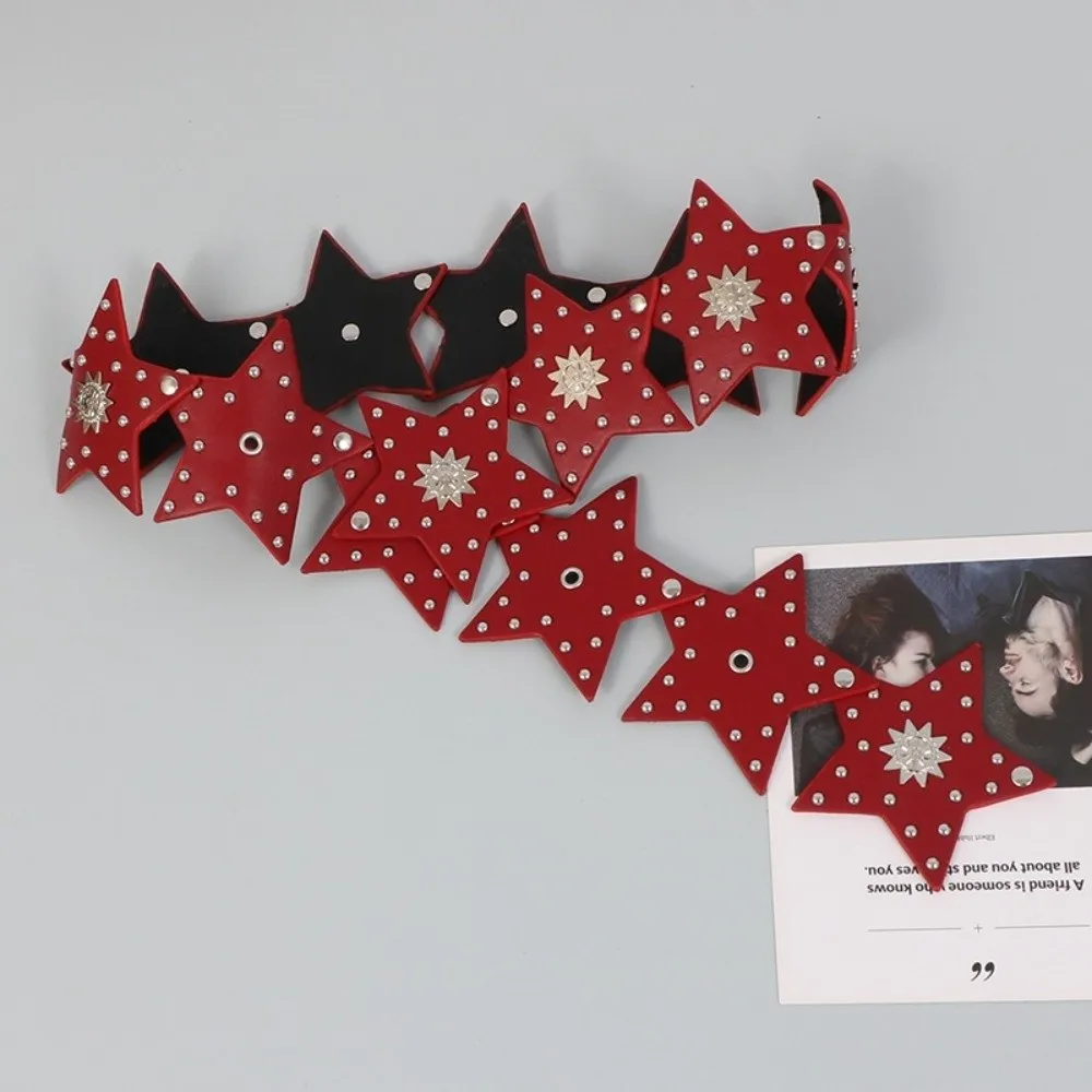 Y2K ريترو ستار حزام مرقع نجمة خماسية واسعة حزام فاسق بو الجلود القوطية حزام للنساء #3