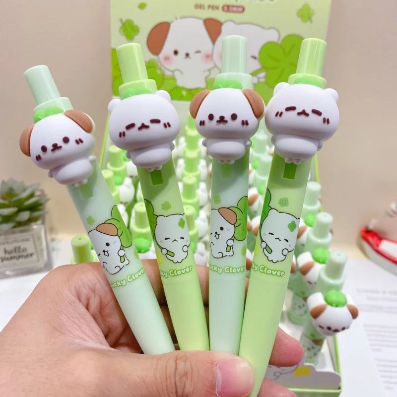 24pcs/lot Kawaii Four-leaf Clover Bear Dog Press Gel Pen Cute 0.5mm Black Ink Gel Pens For Writing Office School Supply