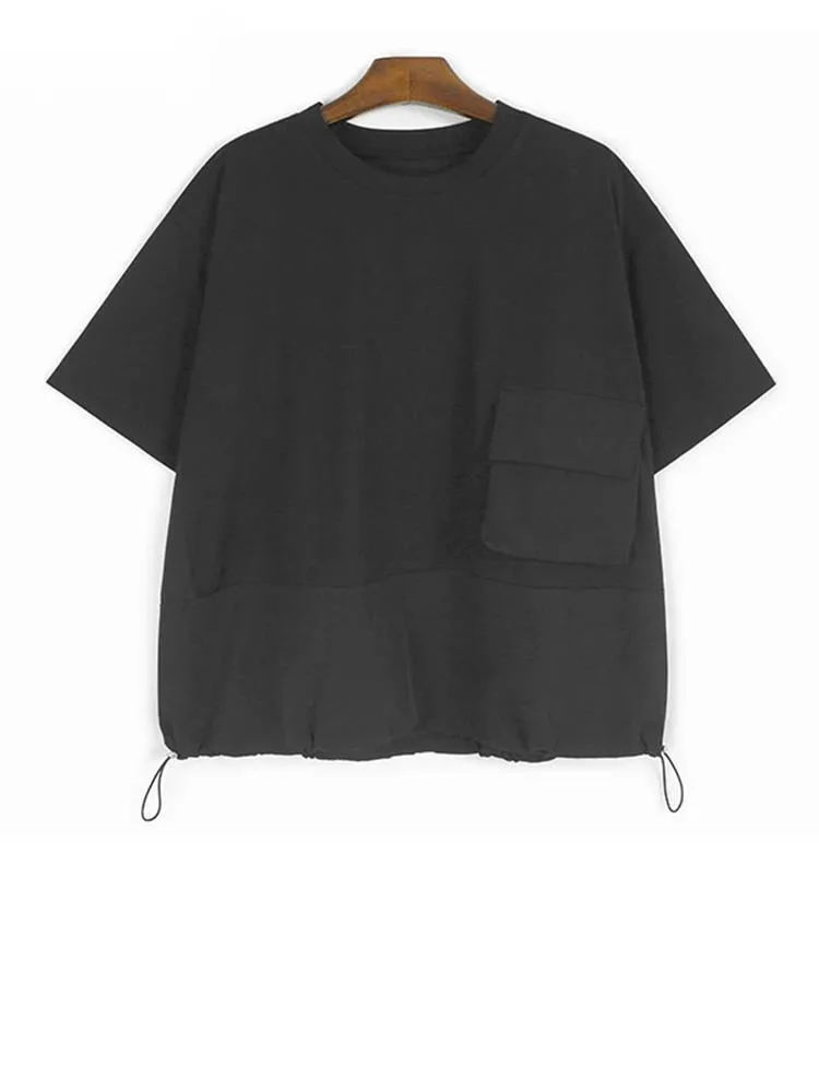

Women Black Drawstring Big Size Casual T-shirt New Round Neck Short Sleeve Fashion Tide Spring Summer