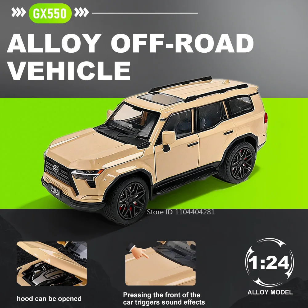 

Машинка-модель 1:24 GX550 LX600, литая из сплава, с функцией рулевого управления, открывающимися дверями, звуком и светом, откатным механизмом, внедорожник, подарок для мальчика