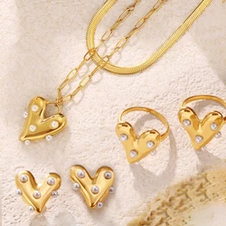 Trendy Heart Pearl Pendant Necklace Earrings Bracelet Ring Stainless Steel Chain for Women Waterproof Luxury Charm Jewelry