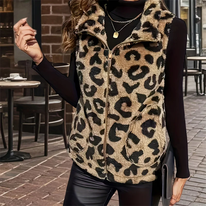 Autumn Winter Cotton Padded Jacket Waistcoat 2025 Vest Women Leopard Print Plus Size Coat Loose Fashion Zipper Vests Female
