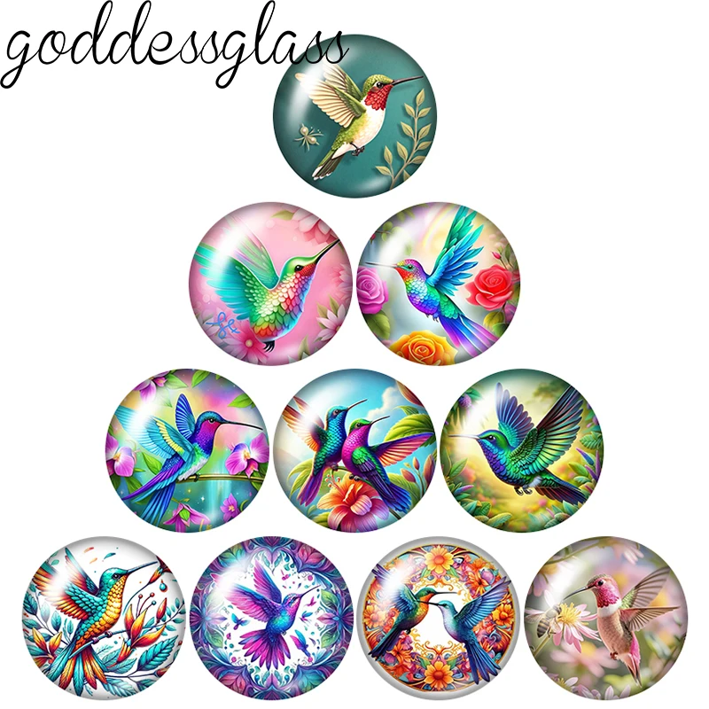 Flying hummingbird Cute birds colorful 10pcs 12mm/18mm/20mm/25mm Round photo glass cabochon flat back Making findings Jewelry