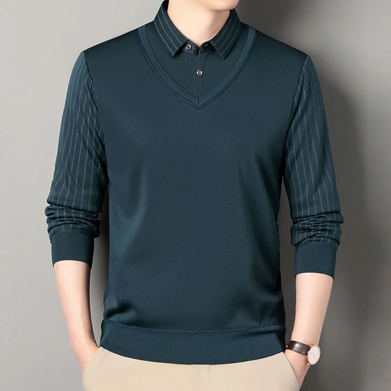 Otoño Invierno, suéter de punto falso de dos piezas para hombres, jerseys de punto con cuello de camisa a la moda, prendas de punto de lana ajustadas informales inteligentes para hombres