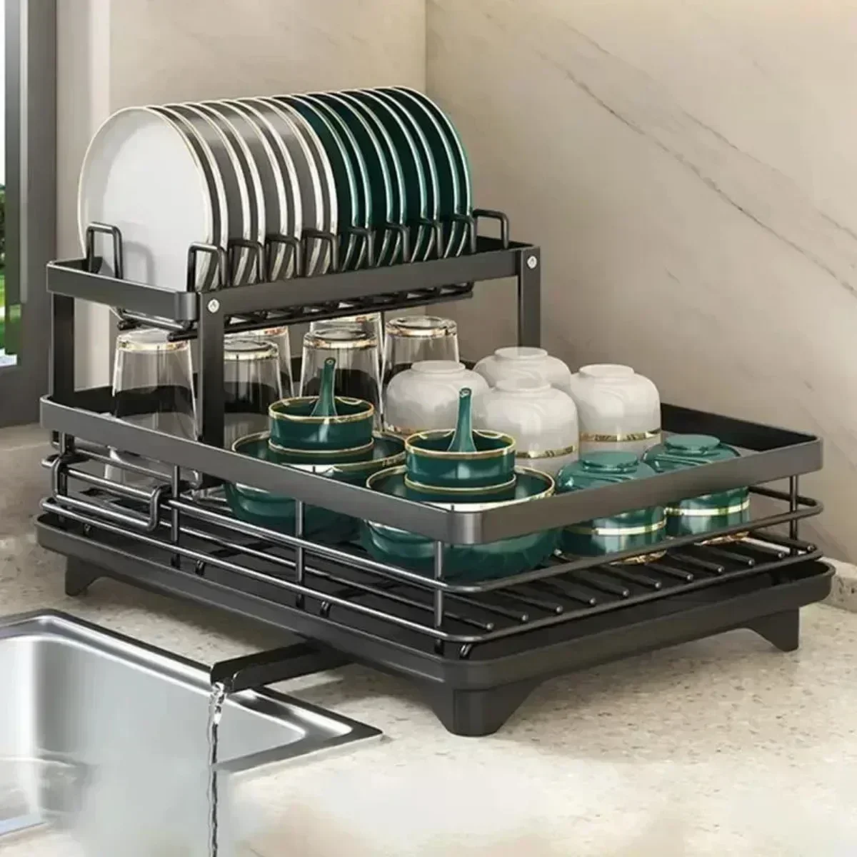 

2025 Dish Drying Rack Adjustable Kitchen Plates Organizer with Drainboard Over Sink Countertop Cutlery Storage Holde