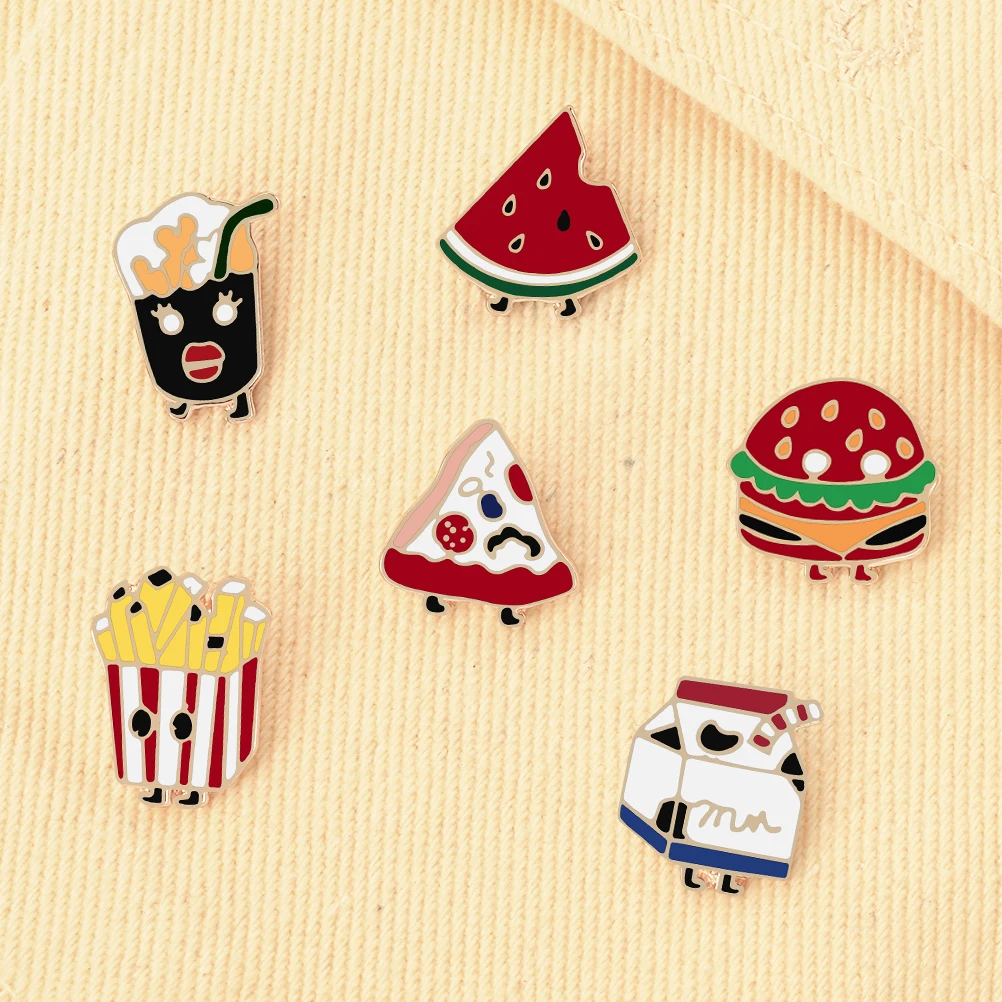 Cute Walking Watermelon Hamburger Milk Box Enamel Pin Chips Pizza Drinks Food Brooches Kids Personality Lapel Pin Badges Jewelry