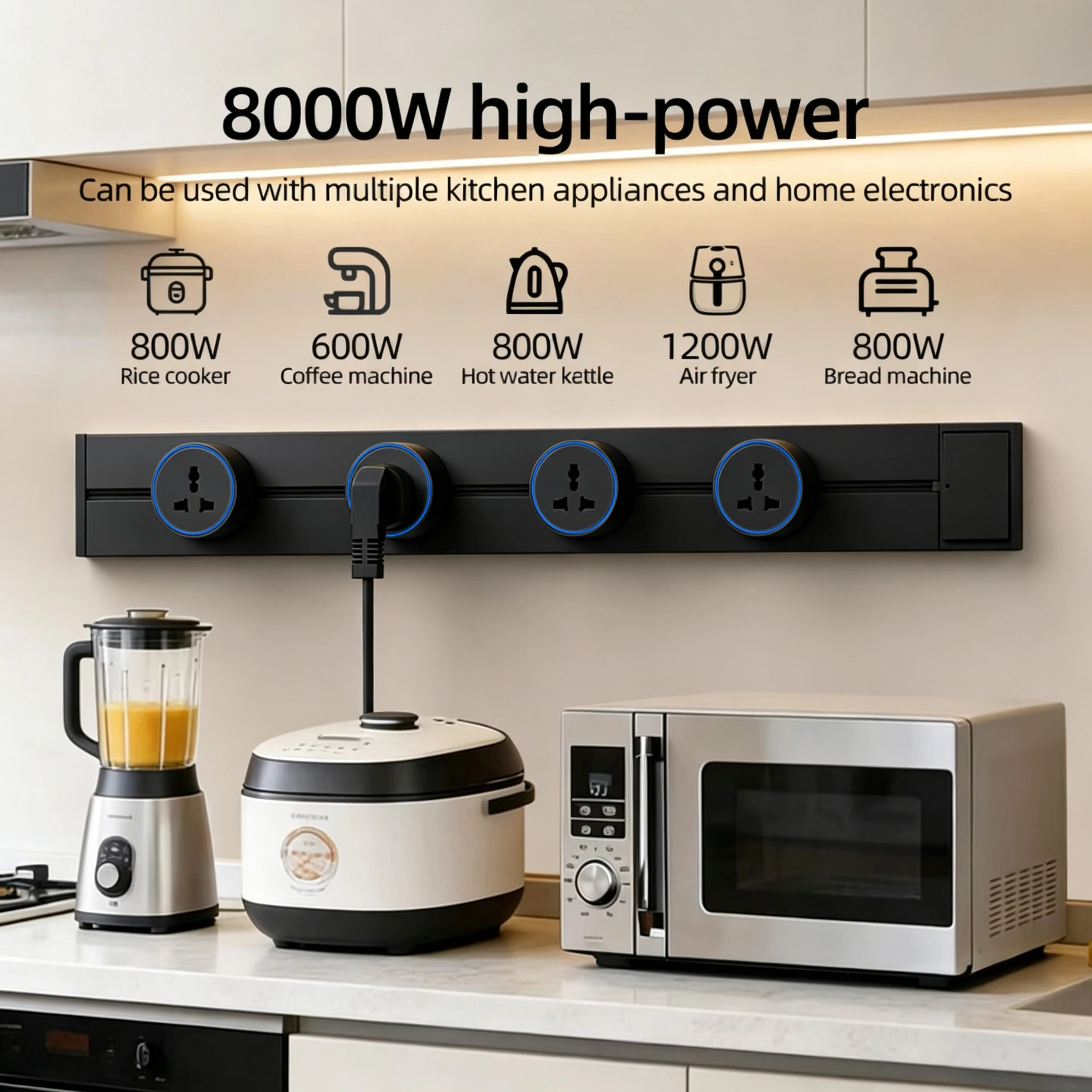Black Surface Mounted Movable Track Socket, 8000W High Power One-Click Power Off Home Power Rail Socket, Fits EU FR UK KR Plugs