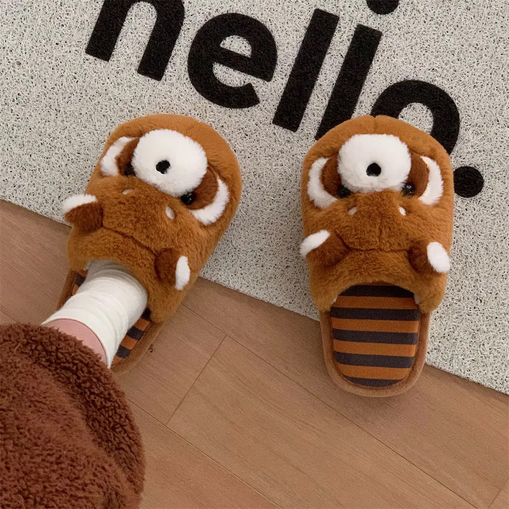 Comfortable home raccoon slippers woman cartoon animal fur slides girls plush flipflops female indoor bedroom slipper