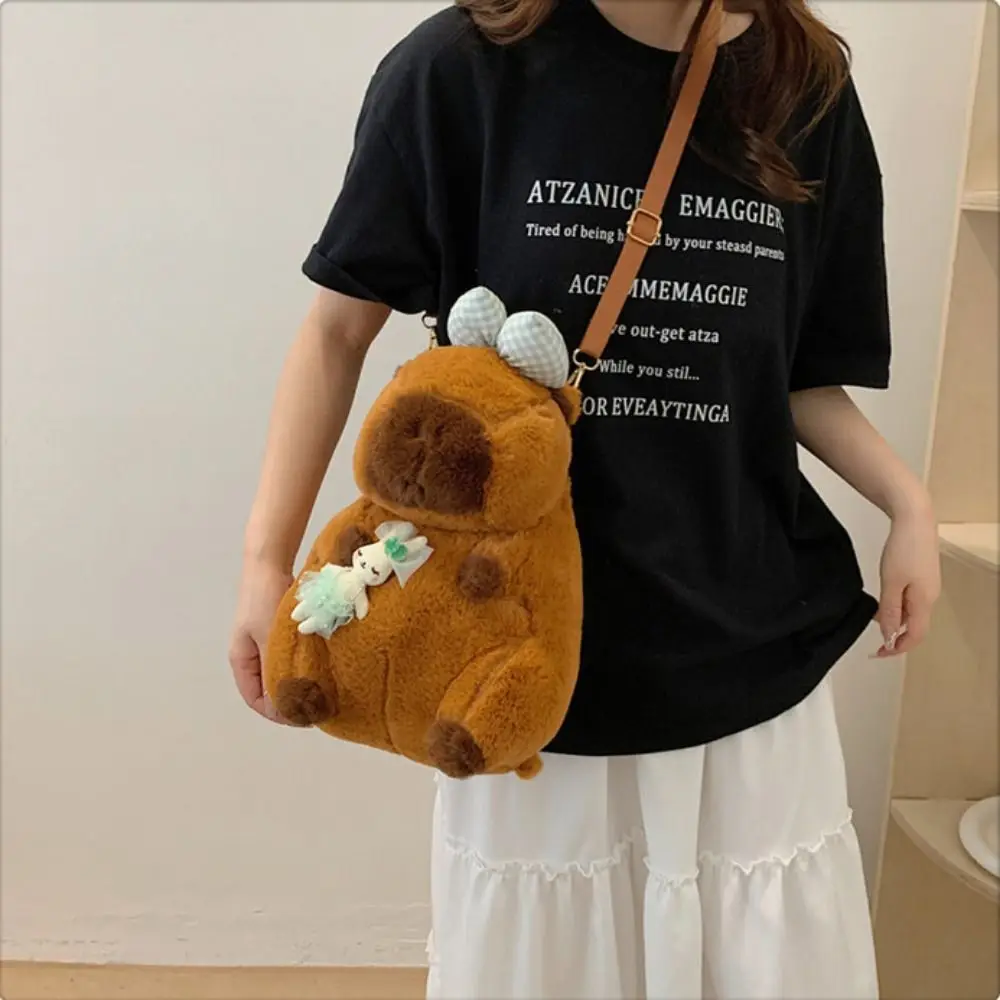 Sac à dos en peluche Capybara pour filles, sac à bandoulière dessin animé, sac à bandoulière, sac de rangement cosmétique, porte-monnaie, nœud papillon simple, mignon