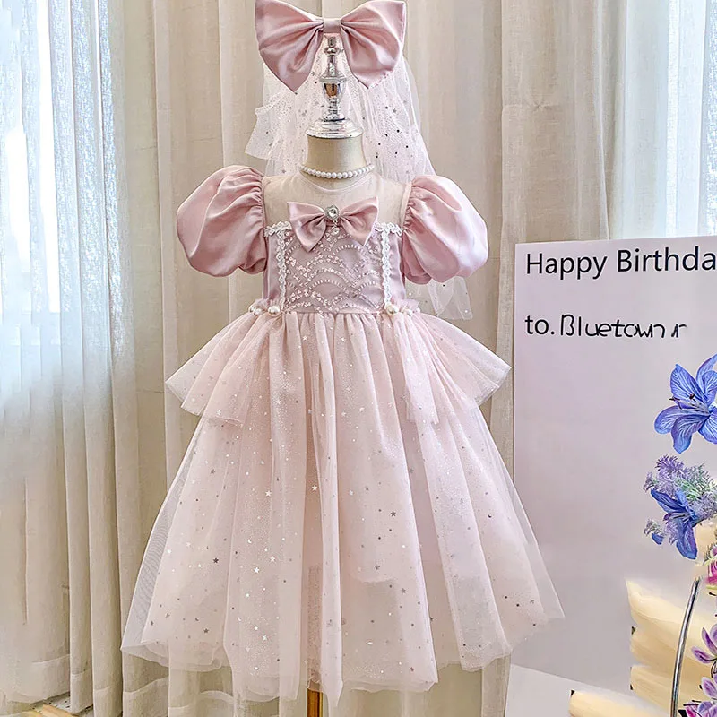 

Girls Party Dresses Kid Wedding Birthday Prom Girl Princess Dress Puffy Sleeves Tulle Children Clothes Pearl Performance Costume