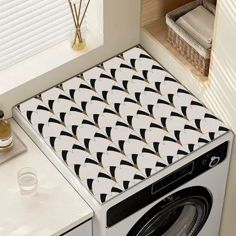 VIKAMA Off White Four Leaf Flower Washing Machine Top Mat Minimal Line Print Waterproof Anti Dust Dryer Cabinet Pad